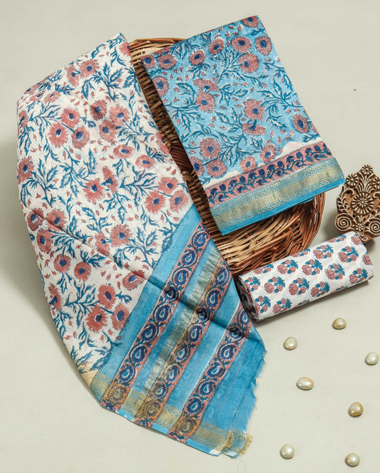 Hand Block Printed Maheshwari Silk Suit with Maheshwari Silk Dupatta