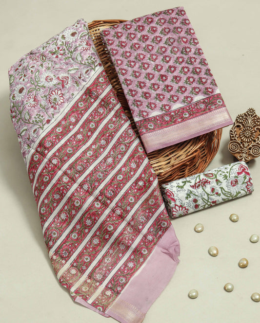 Hand Block Printed Maheshwari Silk Suit with Maheshwari Silk Dupatta