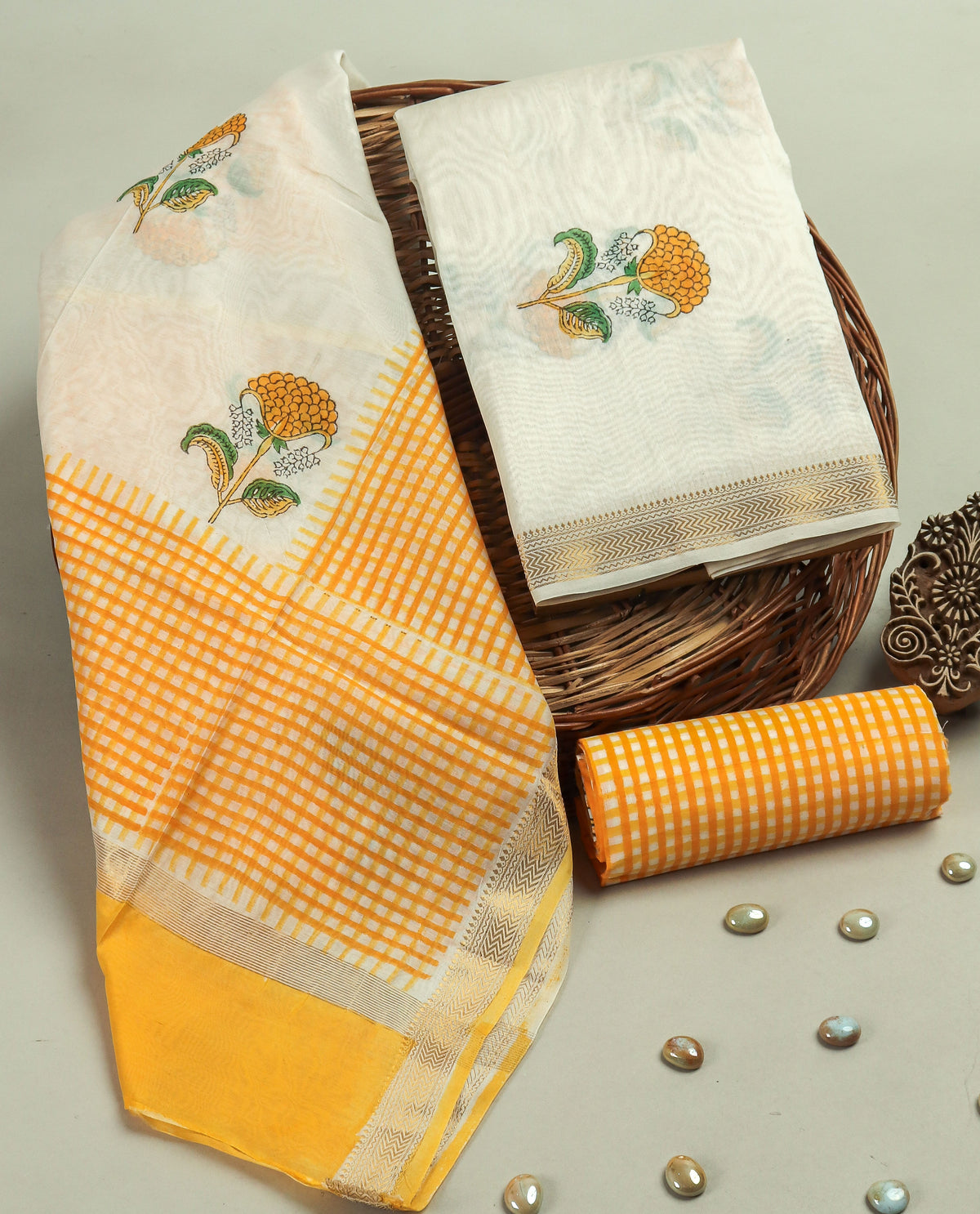 Hand Block Printed Maheshwari Silk Suit with Maheshwari Silk Dupatta