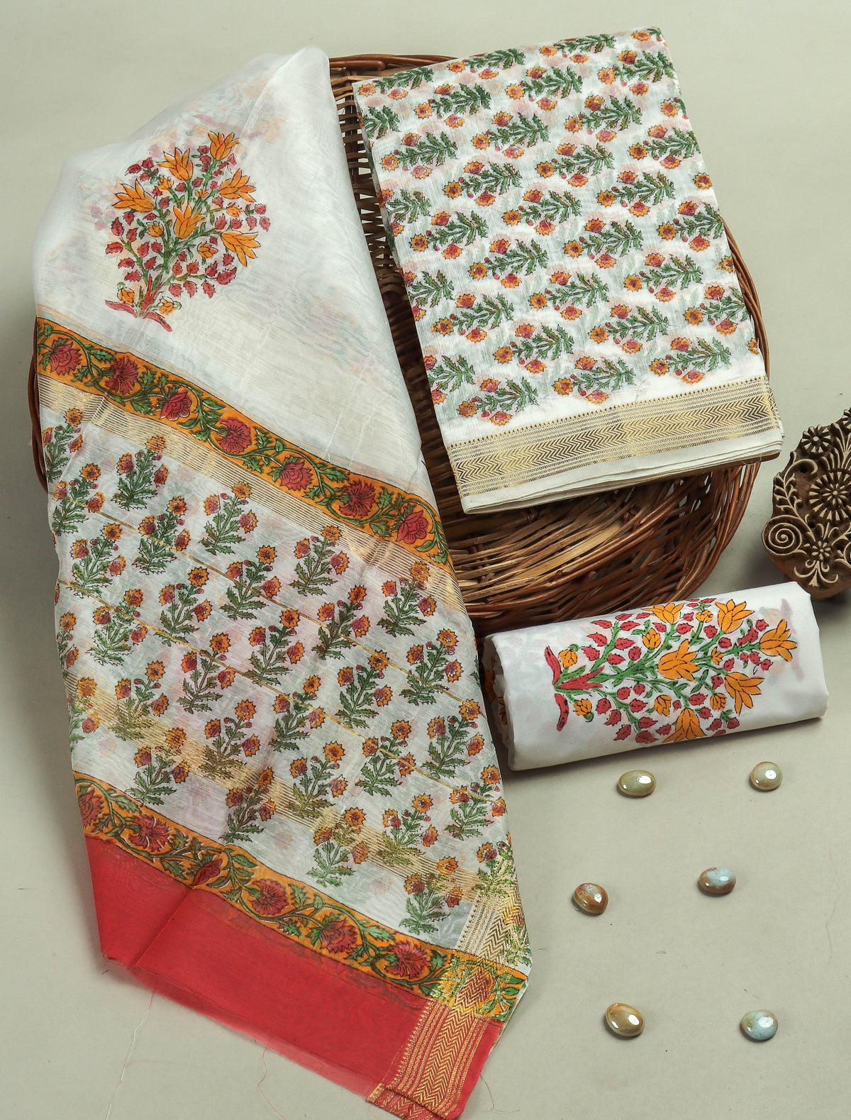 Hand Block Printed Maheshwari Silk Suit with Maheshwari Silk Dupatta