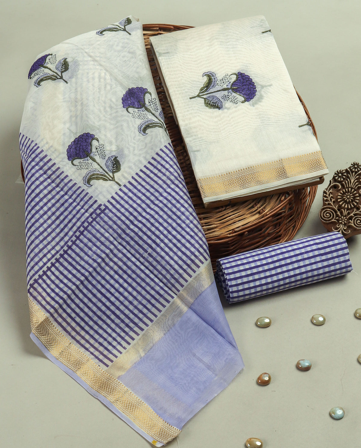 Hand Block Printed Maheshwari Silk Suit with Maheshwari Silk Dupatta