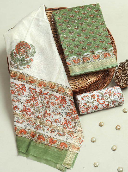 HAND BLOCK Printed Maheshwari Silk Suit with Maheshwari Silk Dupatta