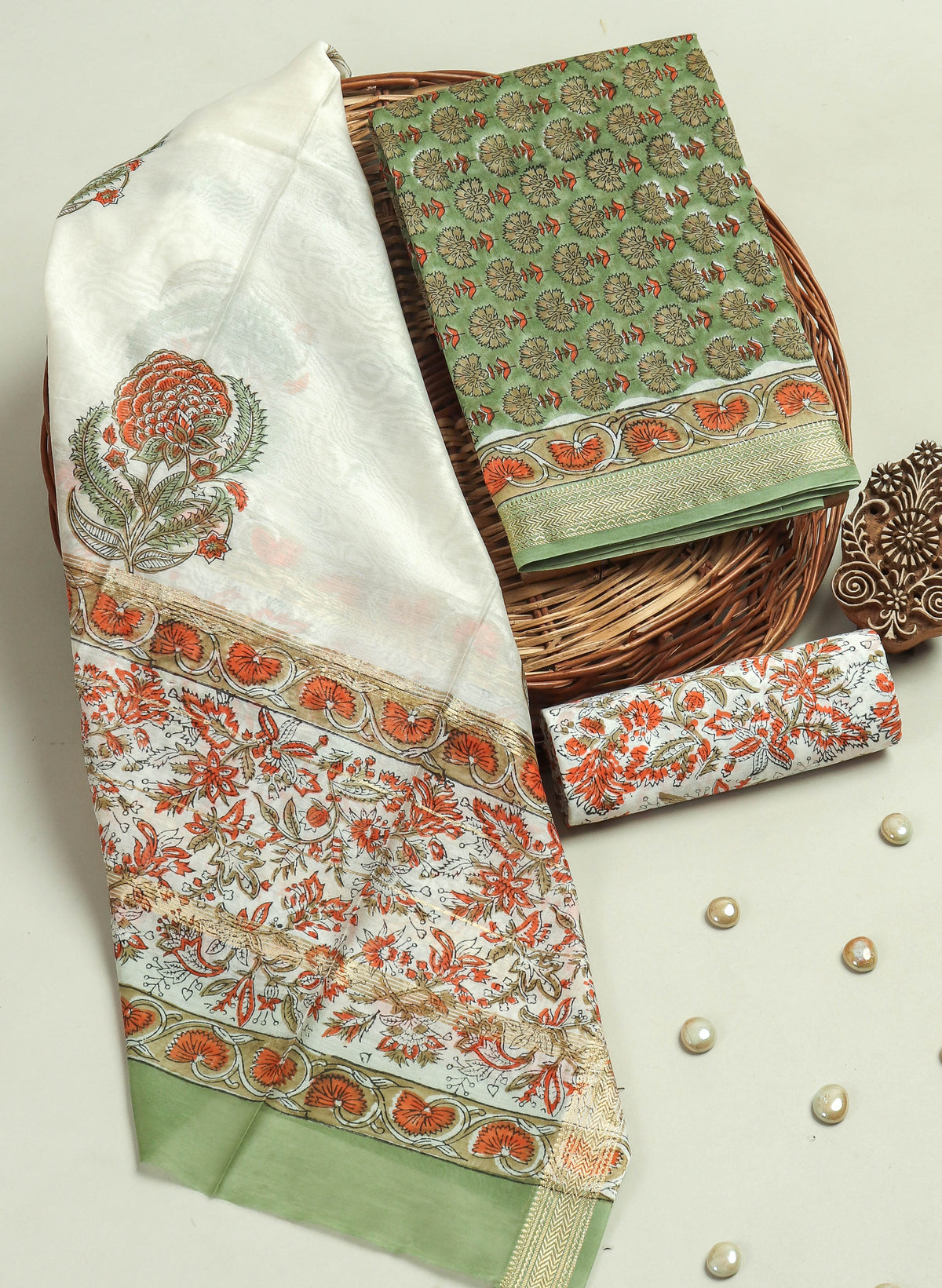 HAND BLOCK Printed Maheshwari Silk Suit with Maheshwari Silk Dupatta