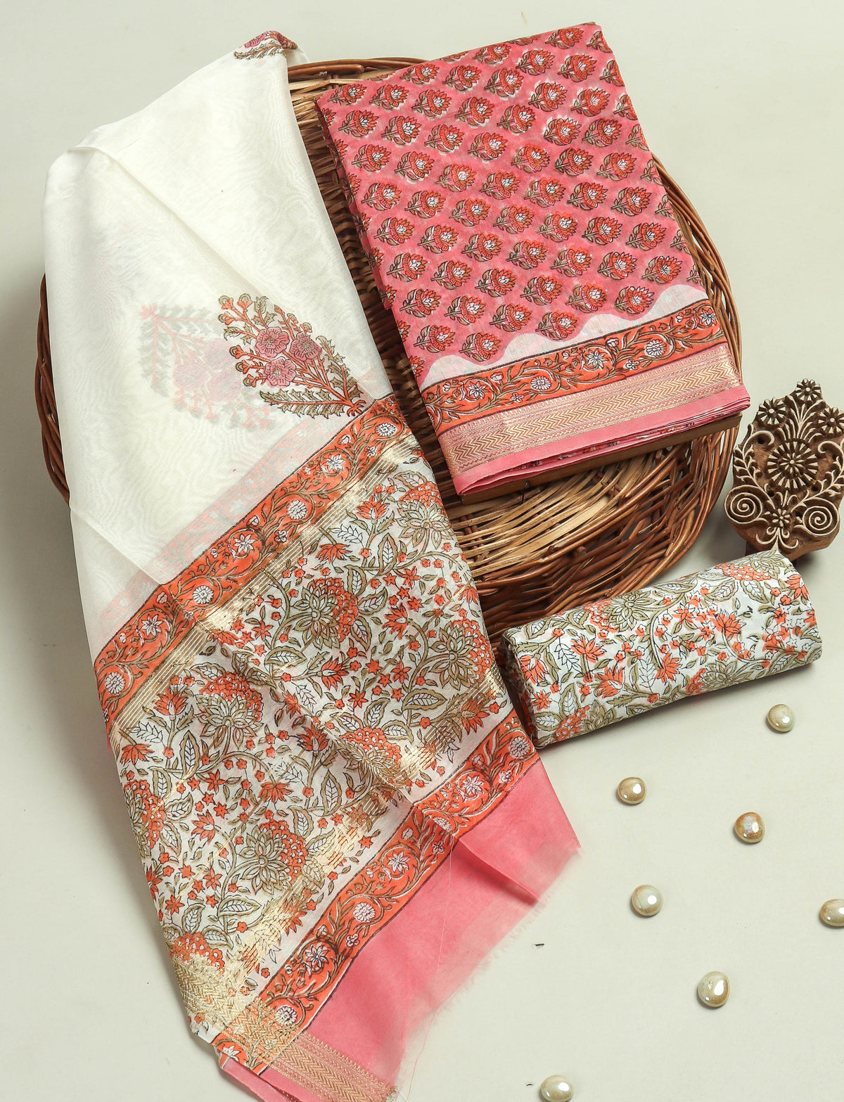 HAND BLOCK Printed Maheshwari Silk Suit with Maheshwari Silk Dupatta