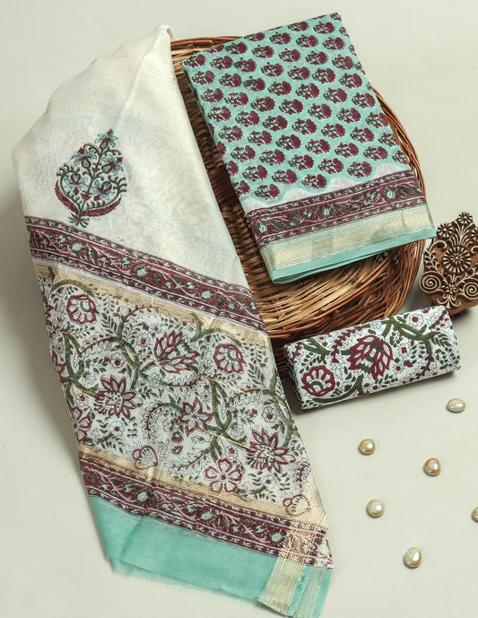 HAND BLOCK Printed Maheshwari Silk Suit with Maheshwari Silk Dupatta