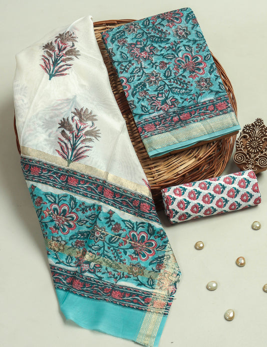 HAND BLOCK Printed Maheshwari Silk Suit with Maheshwari Silk Dupatta
