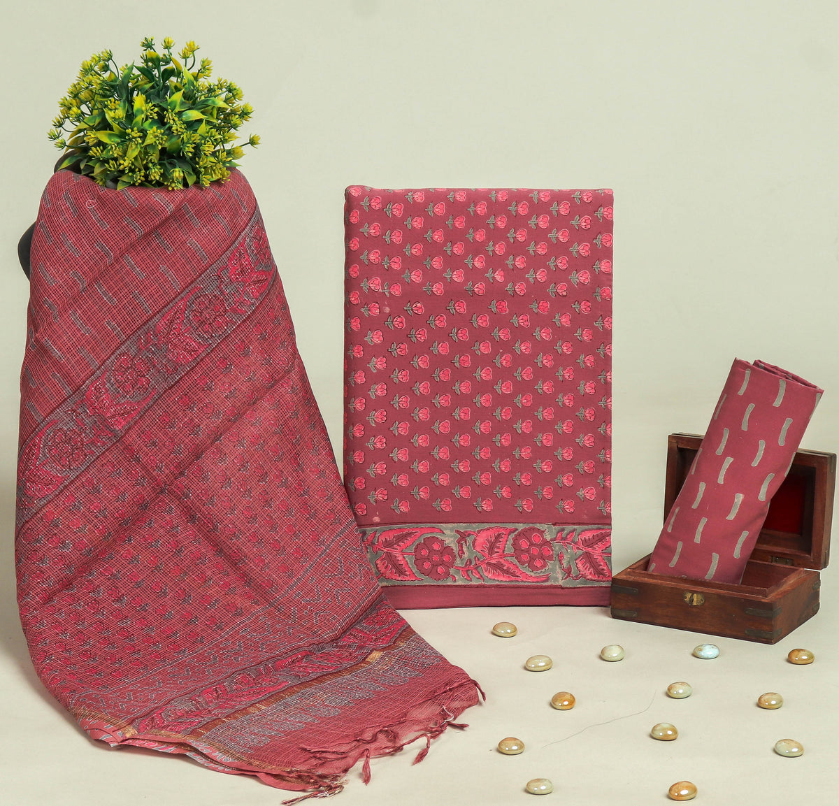 Beautiful Discharge Printed Cotton Suit with Pure Kota Doria Dupatta