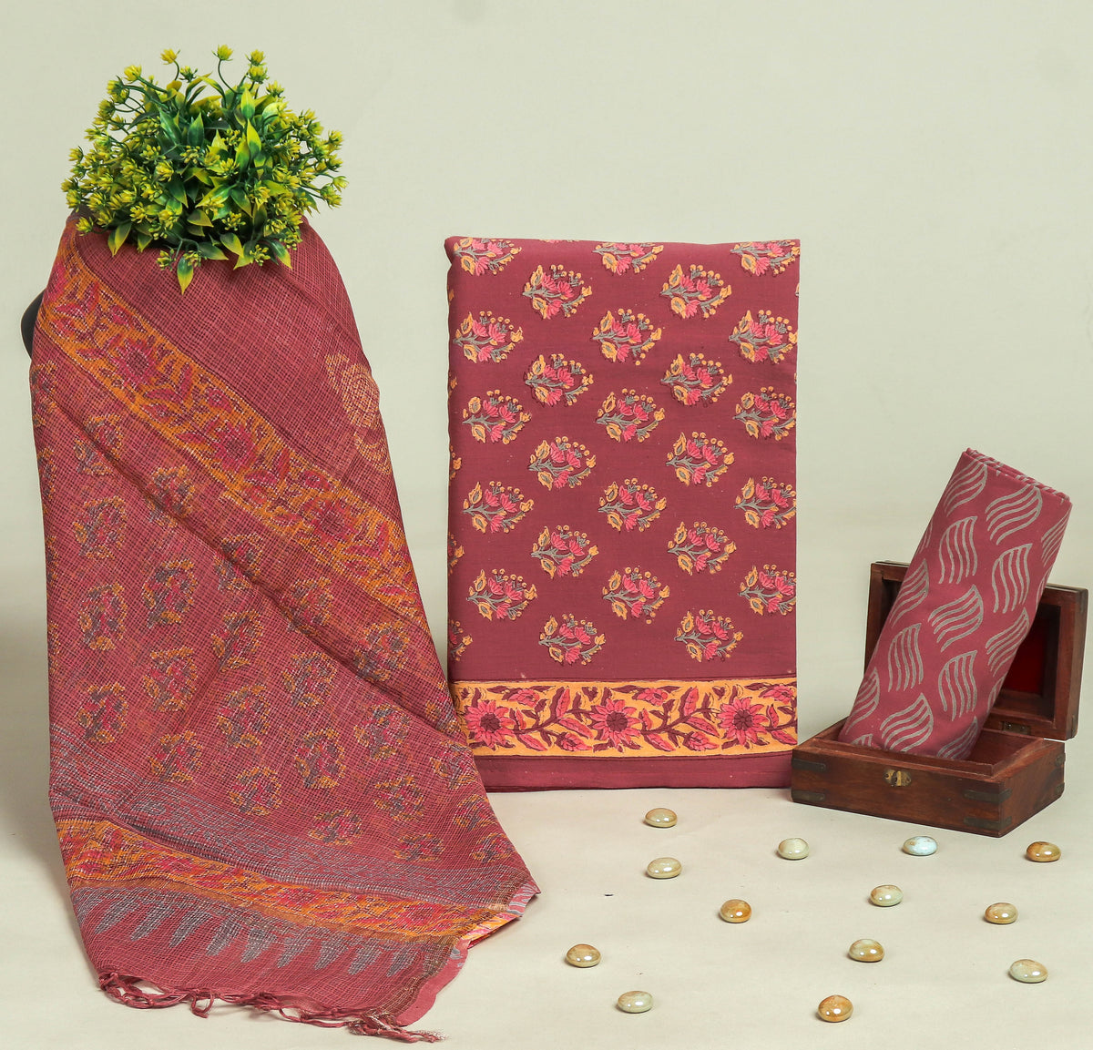Beautiful Discharge Printed Cotton Suit with Pure Kota Doria Dupatta