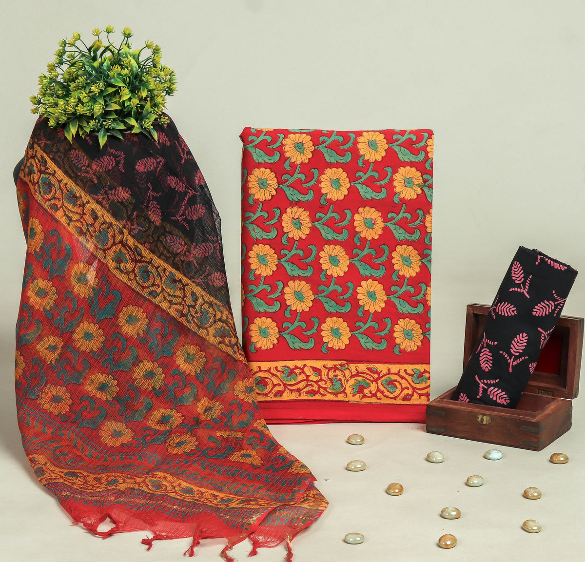 Beautiful Discharge Printed Cotton Suit with Pure Kota Doria Dupatta