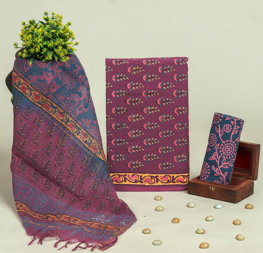 Beautiful Discharge Printed Cotton Suit with Pure Kota Doria Dupatta