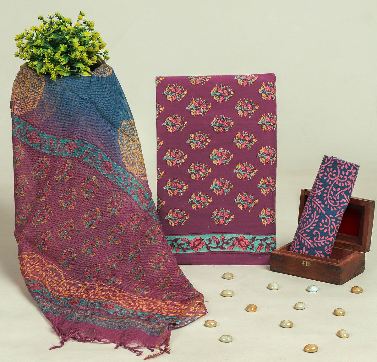 Beautiful Discharge Printed Cotton Suit with Pure Kota Doria Dupatta