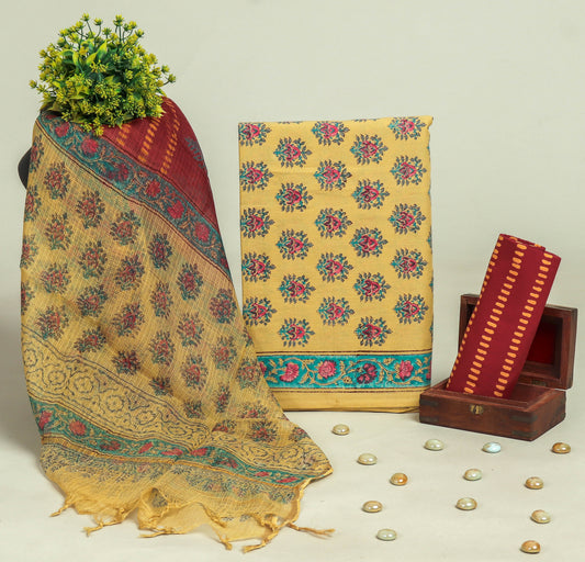Beautiful Discharge Printed Cotton Suit with Pure Kota Doria Dupatta