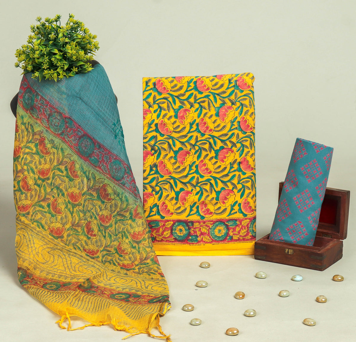 Beautiful Discharge Printed Cotton Suit with Pure Kota Doria Dupatta