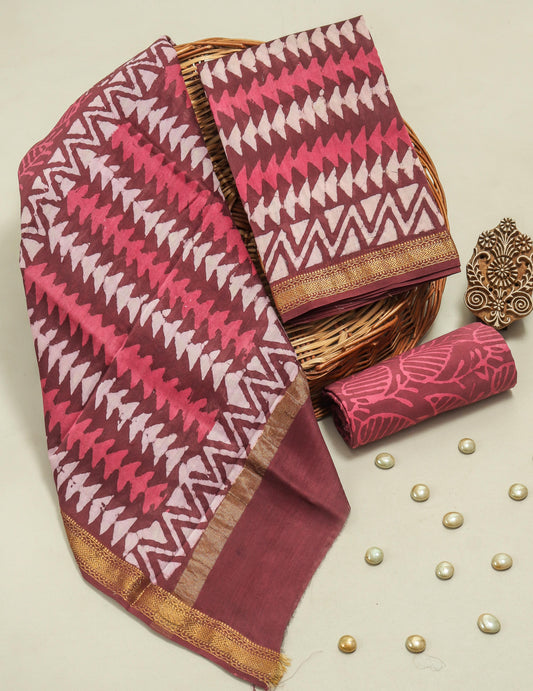Hand Block Printed Maheshwari Silk Suit with Maheshwari Silk Dupatta