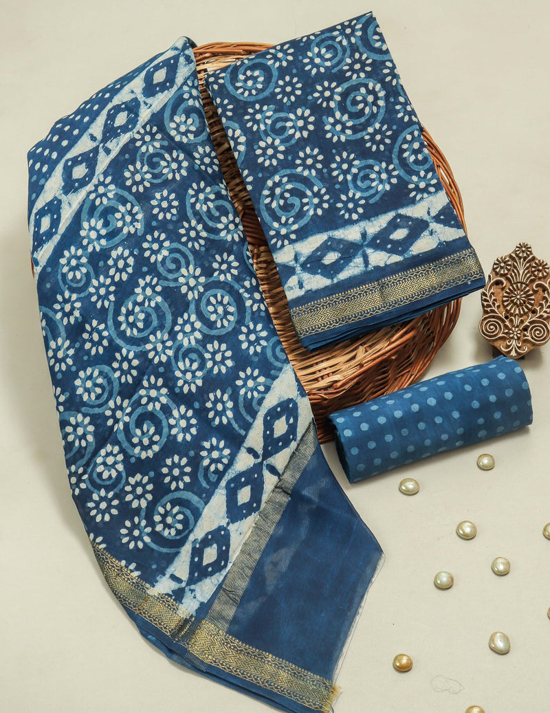 Indigo Blue Hand Block Printed Maheshwari Silk Suit with Maheshwari Silk Dupatta