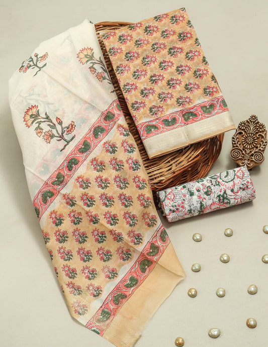 Hand Block Printed Maheshwari Silk Suit with Maheshwari Silk Dupatta