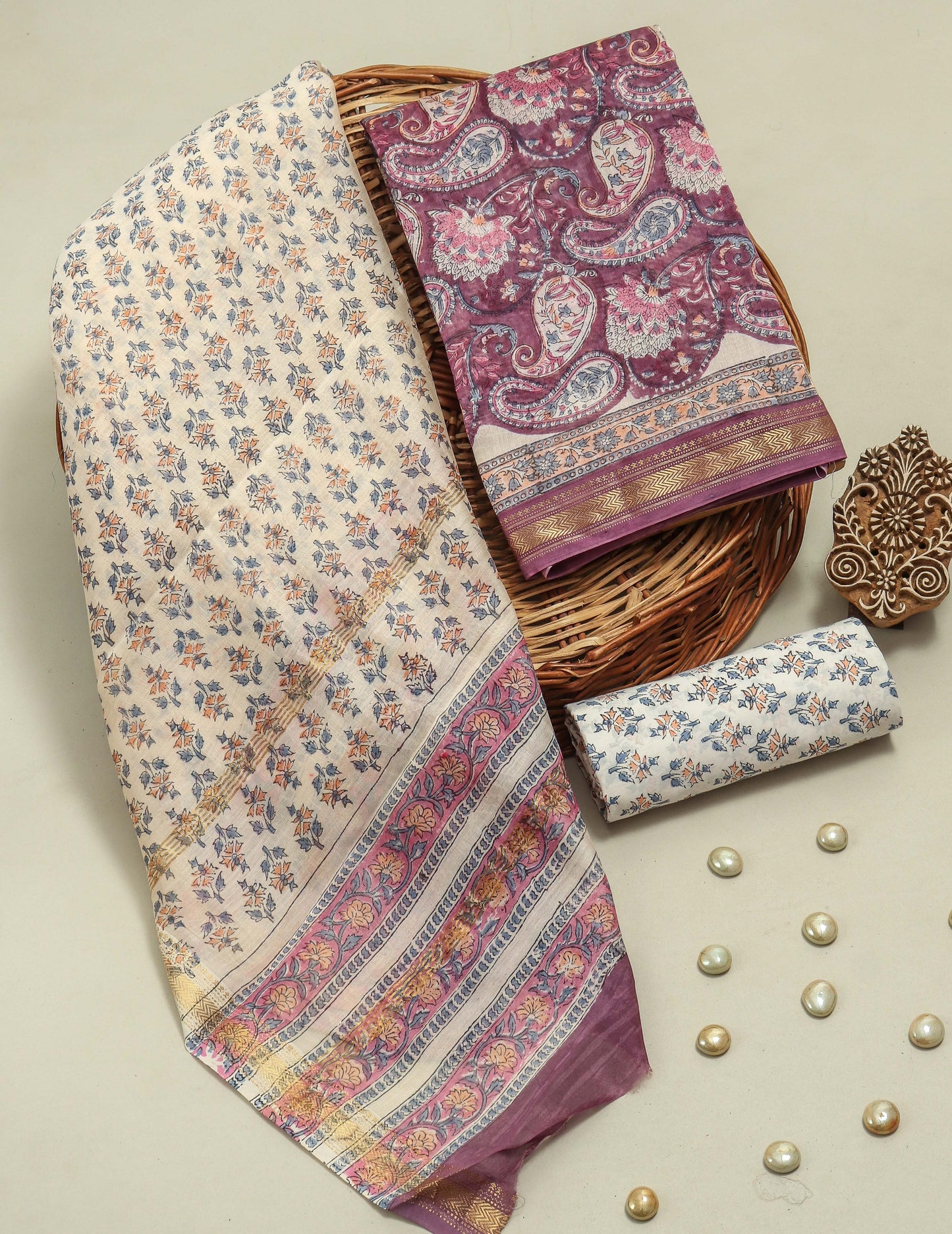 Hand Block Printed Maheshwari Silk Suit with Maheshwari Silk Dupatta