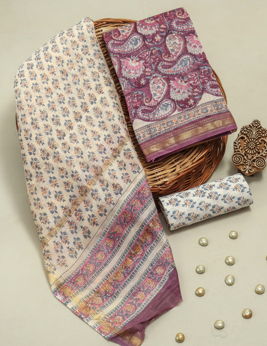Hand Block Printed Maheshwari Silk Suit with Maheshwari Silk Dupatta