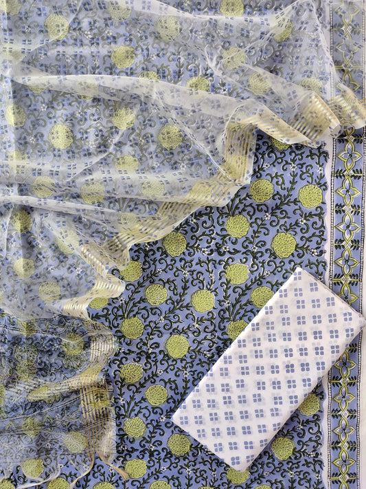 Hand Block Printed Cotton Suit with Organza Dupatta