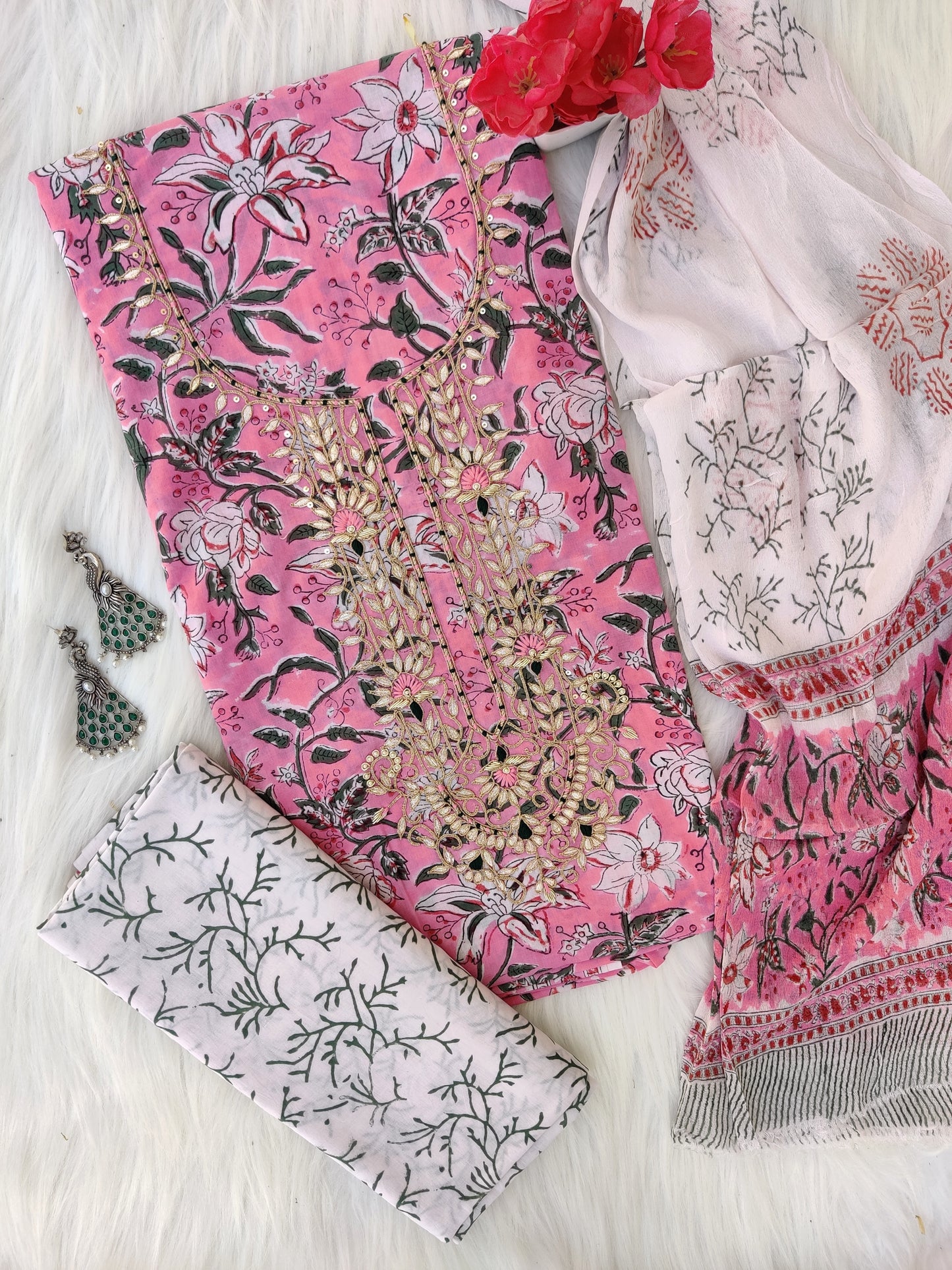 (SALE) FLORAL PRINTED COTTON GOTA PATTI SUIT WITH CHIFFON DUPATTA