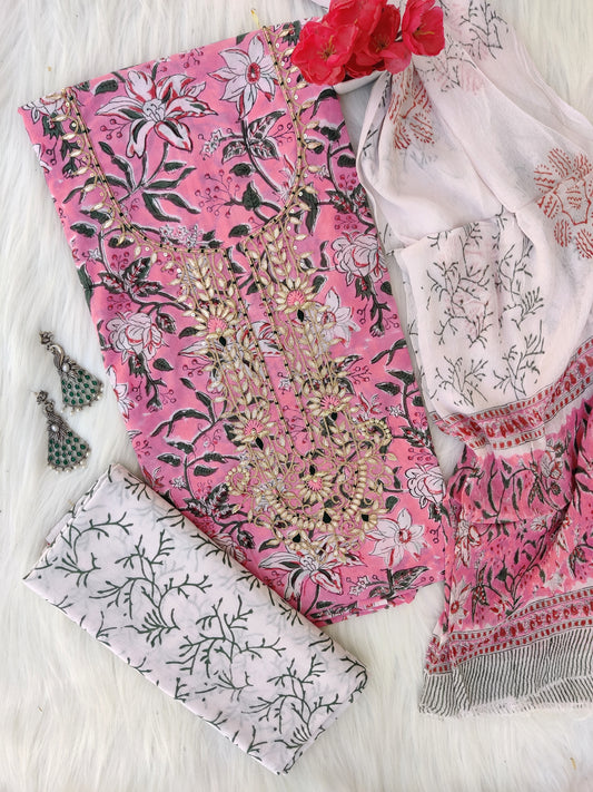 (SALE) FLORAL PRINTED COTTON GOTA PATTI SUIT WITH CHIFFON DUPATTA