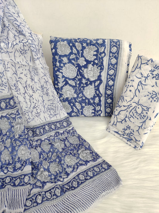 HAND BLOCK PRINTED COTTON SUIT WITH PURE CHIFFON DUPATTA