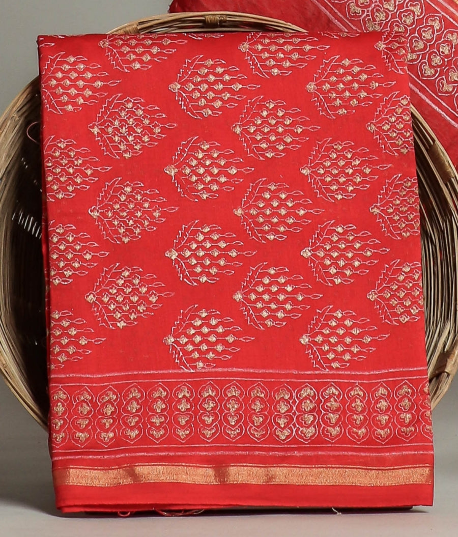 Cherry Red Chanderi Silk Suits with Chanderi Silk Dupatta