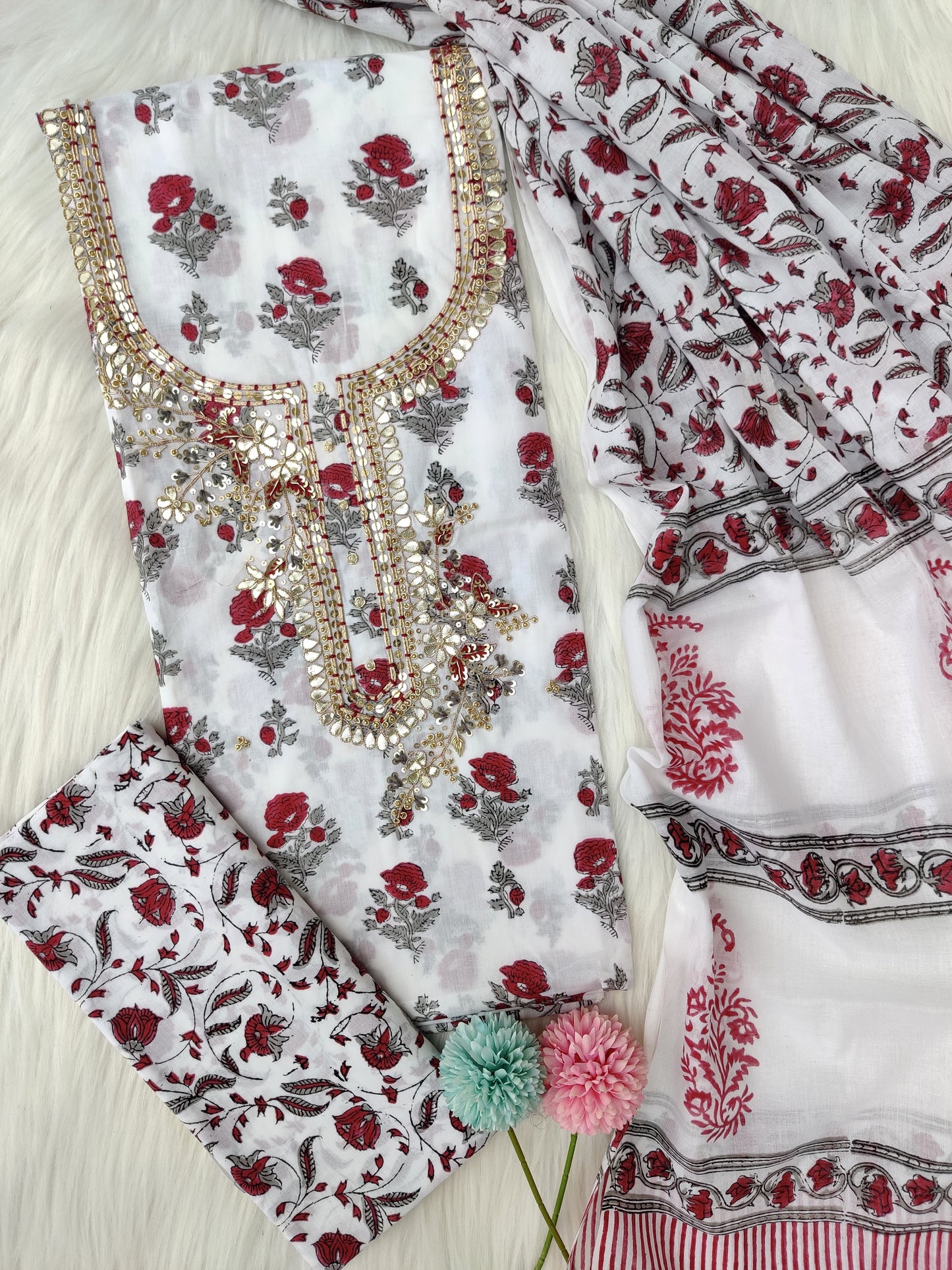 FLORAL PRINTED COTTON GOTA PATTI SUIT WITH COTTON DUPATTA1