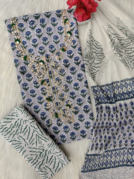 (SALE) FLORAL PRINTED COTTON GOTA PATTI SUIT WITH CHIFFON DUPATTA