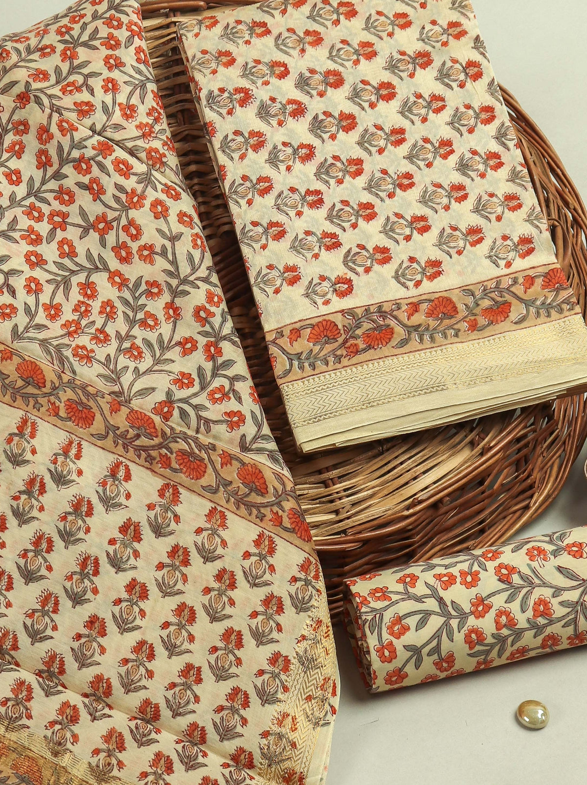Hand Block Printed Maheshwari Silk Suit with Maheshwari Silk Dupatta