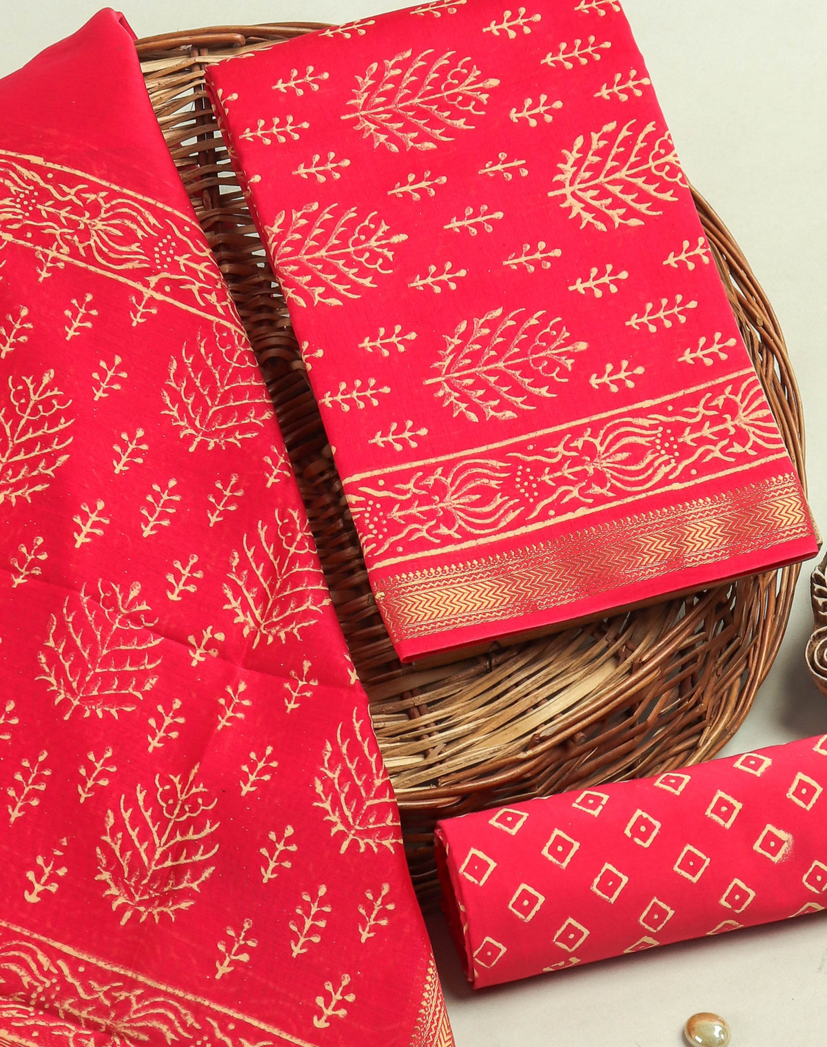 Hand Block Printed Maheshwari Silk Suit with Maheshwari Silk Dupatta