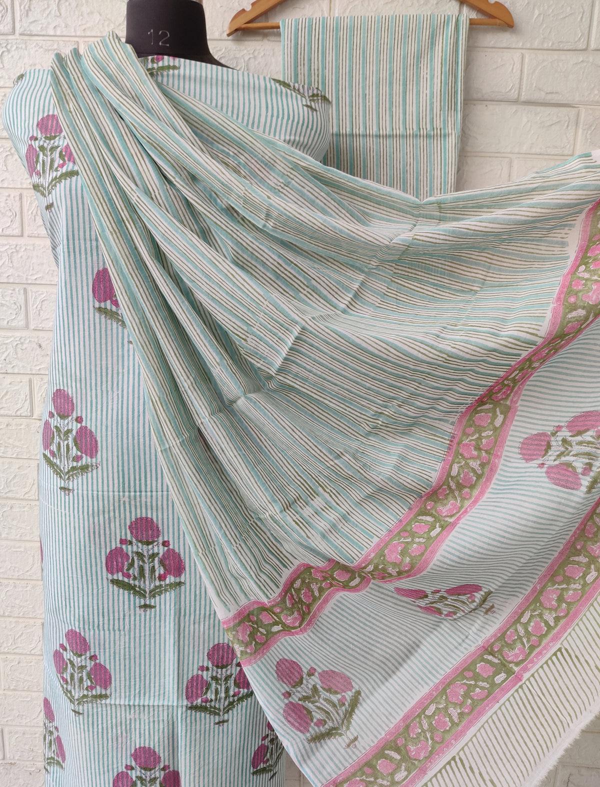 Hand Block Printed Cotton Suit With Mulmul  Dupatta