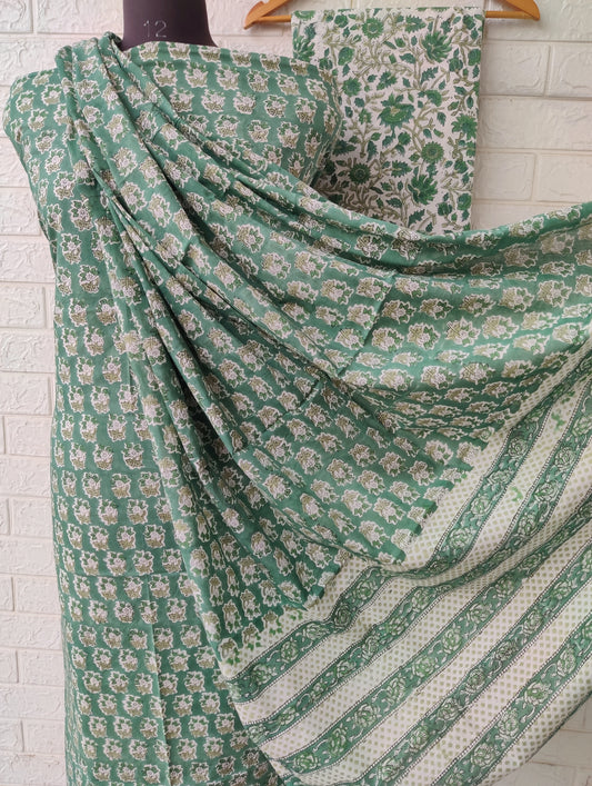 Hand Block Printed Cotton Suit With Mulmul  Dupatta