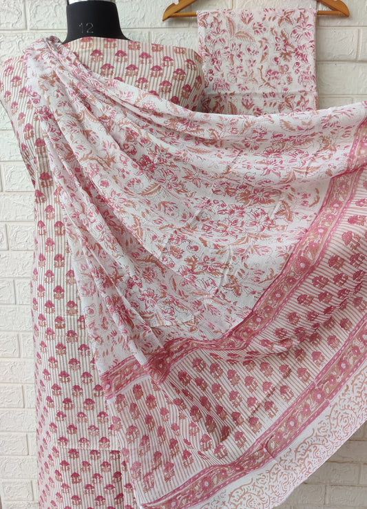 Hand Block Printed Cotton Suit With Mulmul Cotton Dupatta
