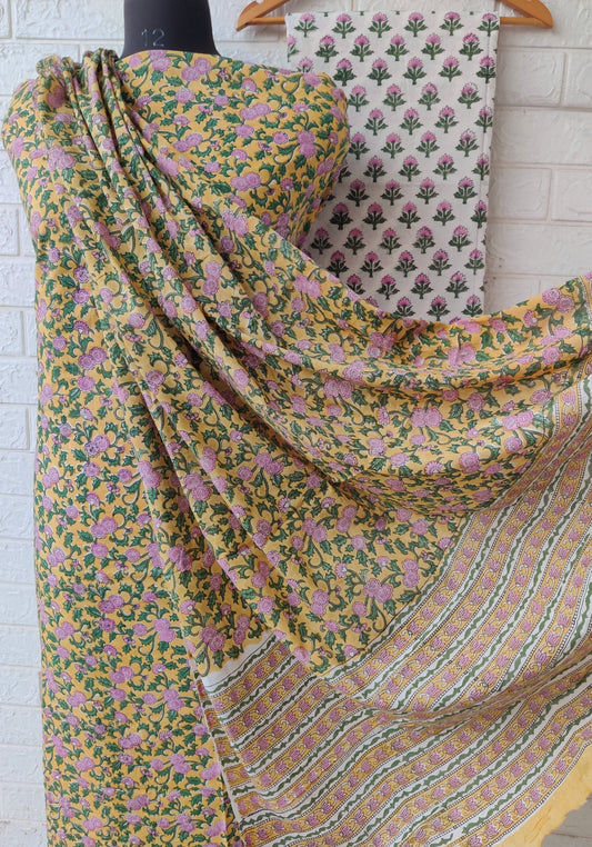 Hand Block Printed Cotton Suit With Mulmul Cotton Dupatta