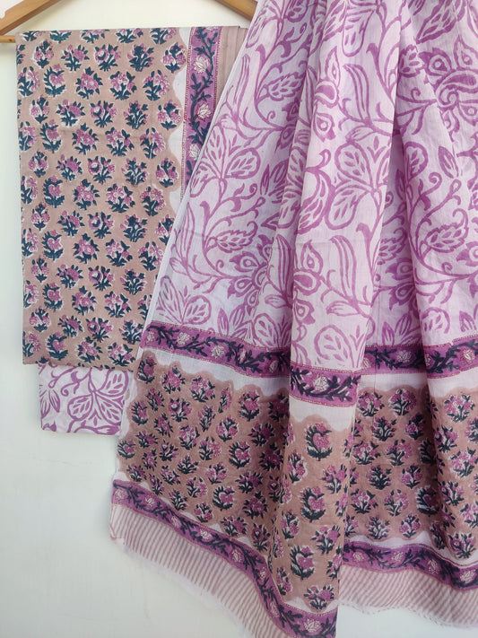 Hand Block Printed Cotton Suit With Mulmul Cotton Dupatta