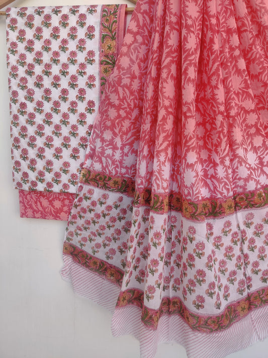 Hand Block Printed Cotton Suit With Mulmul Cotton Dupatta