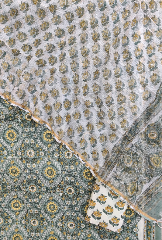 Hand Block Printed Cotton Suit with Cotton Kota Doria dupatta