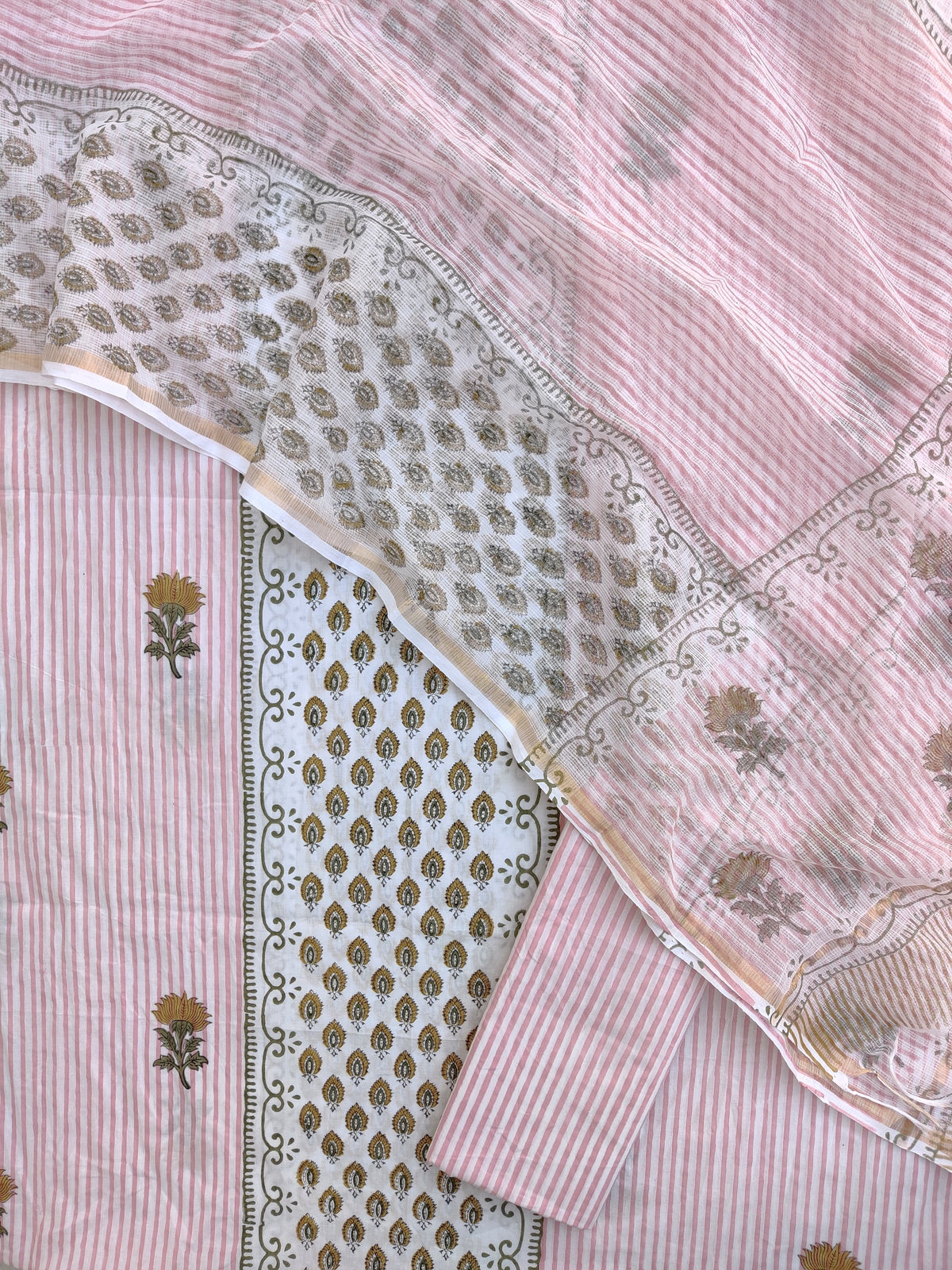 Hand Block Printed Cotton Suit with Cotton Kota Doria dupatta