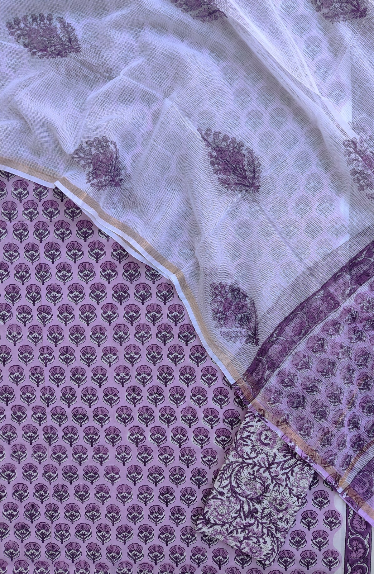 Hand Block Printed Cotton Suit with Cotton Kota Doria dupatta