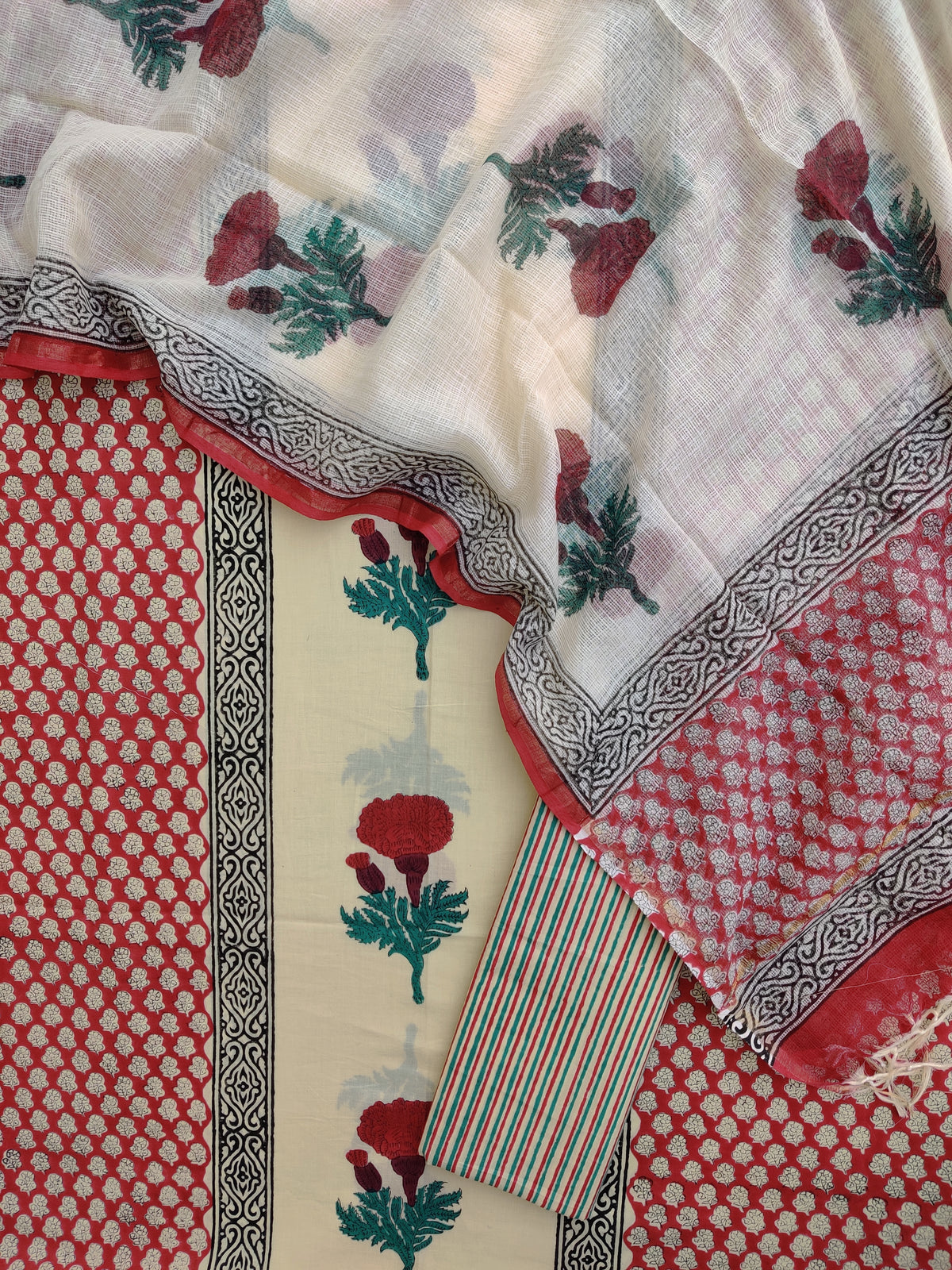 Hand Block Printed Cotton Suit with Cotton Kota Doria dupatta