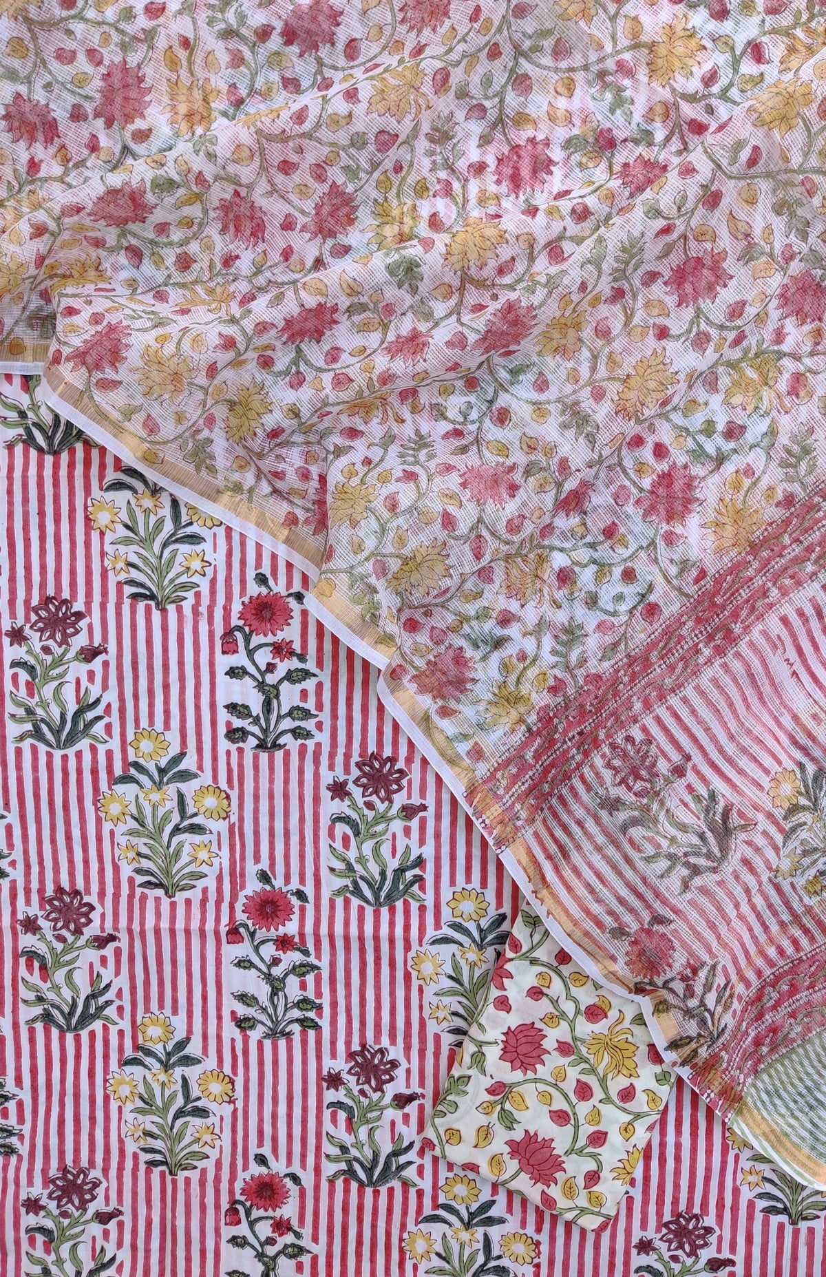 Hand Block Printed Cotton Suit with Cotton Kota Doria dupatta