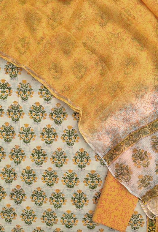 Hand Block Printed Cotton Suit with Cotton Kota Doria dupatta