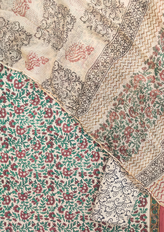 (KALAMKARI) Hand Block Printed Cotton Suit with Cotton Kota Doria Dupatta