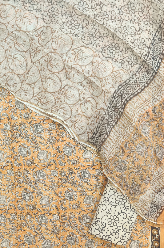 (KALAMKARI) Hand Block Printed Cotton Suit with Cotton Kota Doria Dupatta
