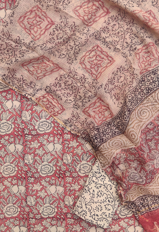 (KALAMKARI) Hand Block Printed Cotton Suit with Cotton Kota Doria Dupatta
