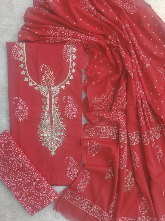 FLORAL PRINTED COTTON GOTA PATTI SUIT WITH COTTON DUPATTA