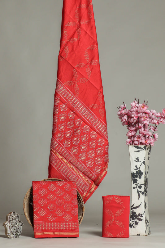 Cherry Red Chanderi Silk Suits with Chanderi Silk Dupatta