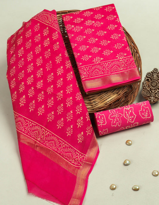 Hand Block Printed Maheshwari Silk Suit with Maheshwari Silk Dupatta
