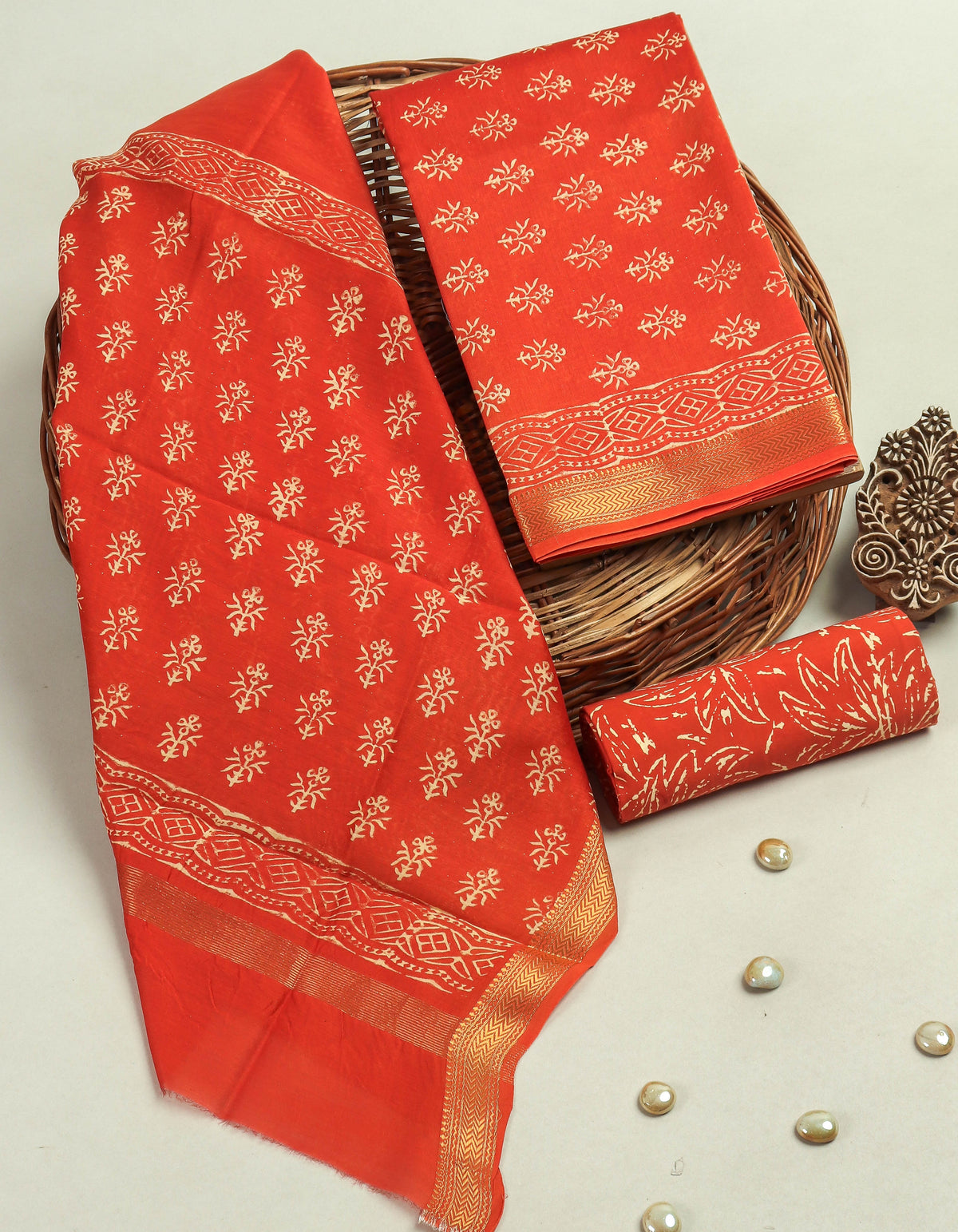 Hand Block Printed Maheshwari Silk Suit with Maheshwari Silk Dupatta